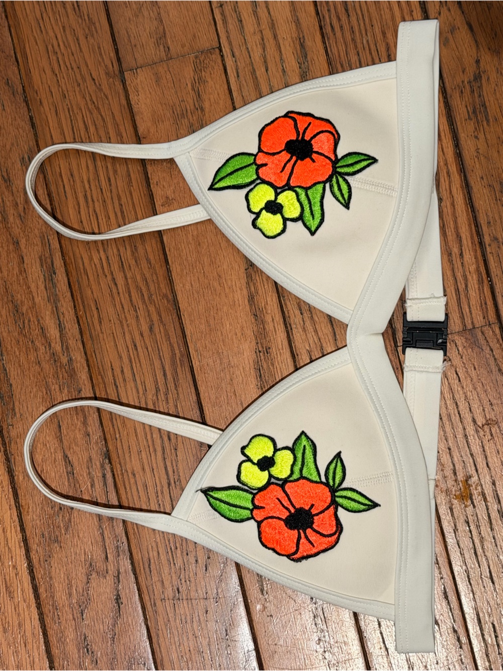 triangl swimwear Cream Triangle Bikini Top with Orange & Yellow Floral Appliqué